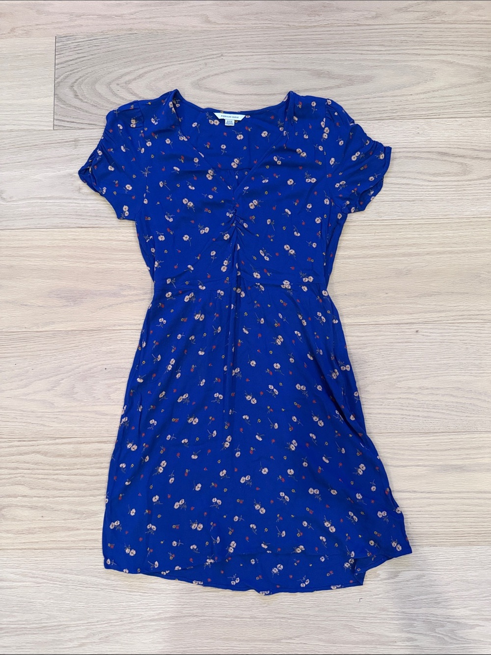 American Eagle Outfitters Royal Blue Floral ruched-Front Mini Dress